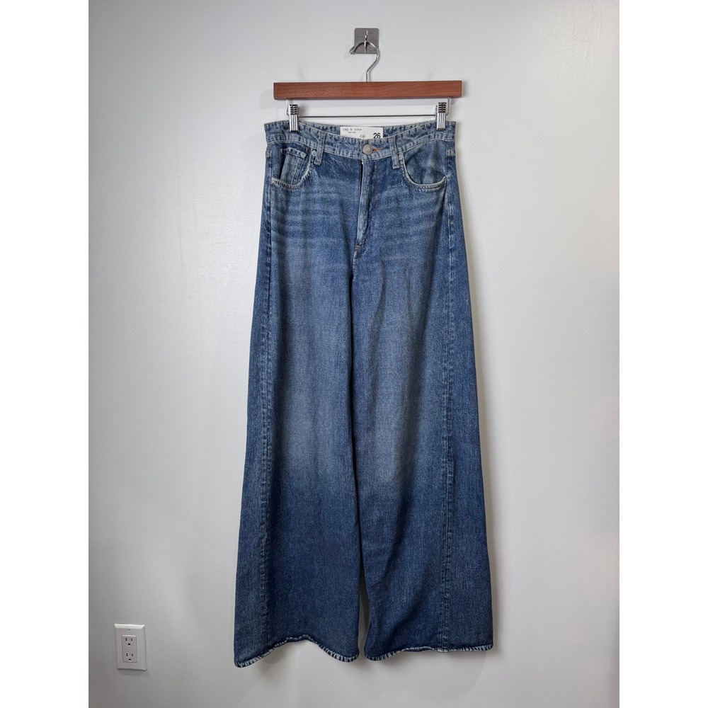 rag & bone Women Blue Miramar Wide Leg Trompe L'oeil Denim Print Pants 26
